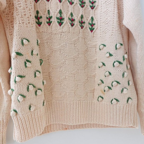 VINTAGE Orvis Sweater Medium Cream Fisherman Cable Knit Floral Grandmacore 90s - Picture 13 of 16